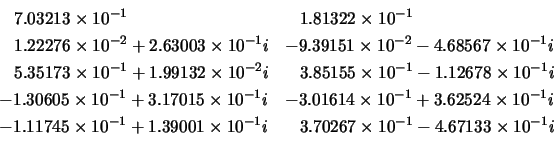 \begin{displaymath}
\left. \begin{array}{ll}
\;\;\; 7.03213 \times 10^{-1} & \;...
... \times 10^{-1} - 4.67133 \times 10^{-1}i
\end{array} \right.
\end{displaymath}