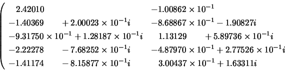 \begin{displaymath}
\left( \begin{array}{ll}
\;\;\; 2.42010 & -1.00862 \times ...
...\; 3.00437 \times 10^{-1} + 1.63311i \\
\end{array} \right.
\end{displaymath}