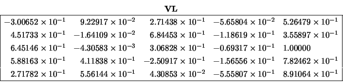 \begin{displaymath}\begin{array}{c} {\bf VL} \\ \begin{array}{\vert lllll\vert} ...
...1} & 8.91064 \times 10^{-1} \\
\hline \end{array} \end{array} \end{displaymath}
