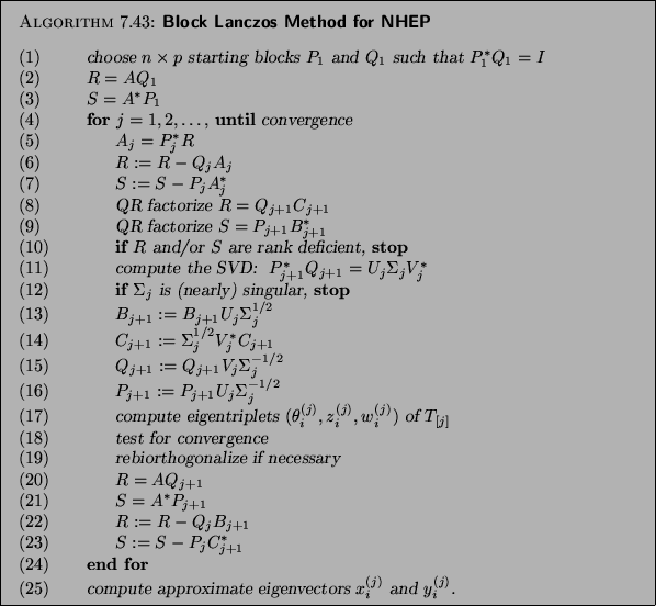 \begin{algorithm}{Block Lanczos Method for NHEP
}
{
\begin{tabbing}
(nr)ss\=ijk...
...mate eigenvectors $x^{(j)}_i$\ and $y^{(j)}_i$.
\end{tabbing}
}
\end{algorithm}