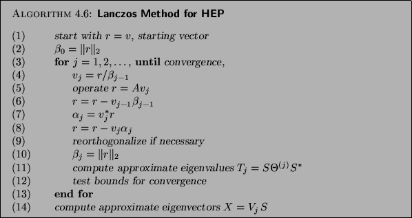 \begin{algorithm}{Lanczos Method for HEP
}
{
\begin{tabbing}
(nr)ss\=ijkl\=bbb...
...}\> \> compute approximate eigenvectors $X=V_j\,S$\end{tabbing}}
\end{algorithm}