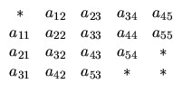 $
\begin{array}{ccccc}
\ast & a_{12} & a_{23} & a_{34} & a_{45} \\
a_{11} & a_...
... a_{43} & a_{54} & \ast \\
a_{31} & a_{42} & a_{53} & \ast & \ast
\end{array}$
