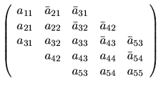 $
\left( \begin{array}{ccccc}
a_{11} & \bar{a}_{21} & \bar{a}_{31} & & \\
a_{21...
... & a_{44} & \bar{a}_{54} \\
& & a_{53} & a_{54} & a_{55}
\end{array} \right)
$