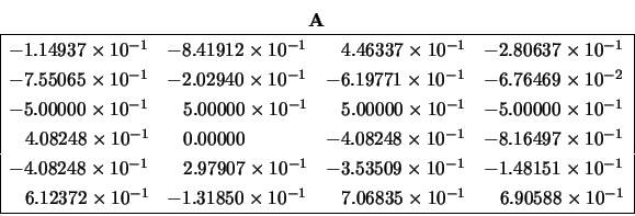 \begin{displaymath}
\begin{array}{c} {\bf A} \\
\begin{array}{\vert llll\vert...
...\;\; 6.90588 \times 10^{-1} \\
\hline \end{array} \end{array}\end{displaymath}