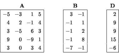 \begin{displaymath}
\begin{array}{cc} {\bf A} \\
\begin{array}{\vert rrrr\ver...
...\
9 \\
9 \\
15 \\
-6 \\
\hline \end{array} \end{array}\end{displaymath}