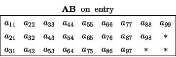 \begin{displaymath}
\begin{array}{c} {\bf AB} \;\; \mbox{on} \;\; \mbox{entry} ...
..._{86} & a_{97} & \ast &
\ast \\ \hline \end{array} \end{array}\end{displaymath}