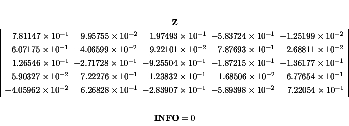 \begin{displaymath}\begin{array}{c} \\ \begin{array}{c} {\bf Z} \\
\begin{arra...
...\ \\
\begin{array}{c} {\bf INFO} = 0 \end{array} \end{array} \end{displaymath}