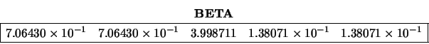 \begin{displaymath}
\begin{array}{cc} {\bf BETA} \\
\begin{array}{\vert rrrrr...
...-1} & 1.38071 \times 10^{-1} \\
\hline \end{array} \end{array}\end{displaymath}