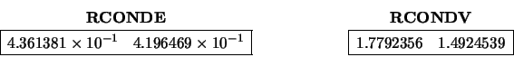 \begin{displaymath}
\begin{array}{cc} {\bf RCONDE} \\
\begin{array}{\vert rr\...
...\hline
1.7792356 & 1.4924539 \\
\hline \end{array} \end{array}\end{displaymath}