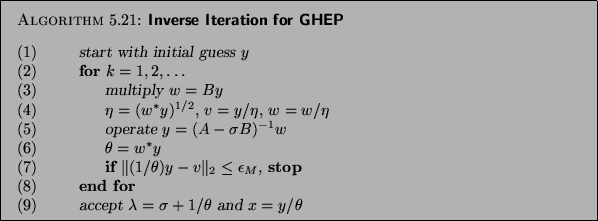 \begin{algorithm}{Inverse Iteration for GHEP}
{
\begin{tabbing}
(nr)ss\=ijkl\=bb...
...ccept $\lambda=\sigma+1/\theta$\ and $x=y/\theta$ \end{tabbing}}
\end{algorithm}